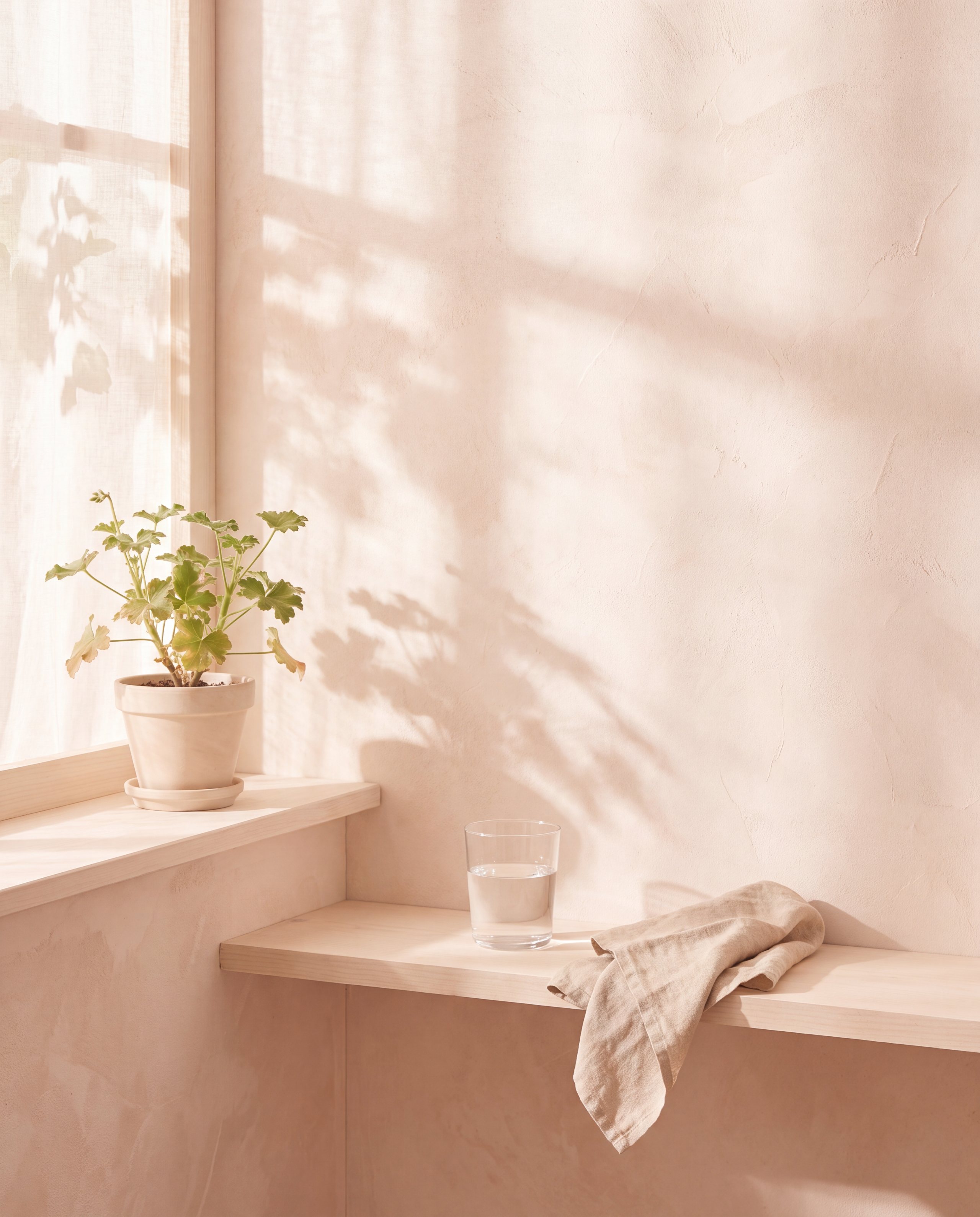 Luz de tarde entrando por una ventana sobre una pared cálida con una planta (fotografía de ambiente dirigida)