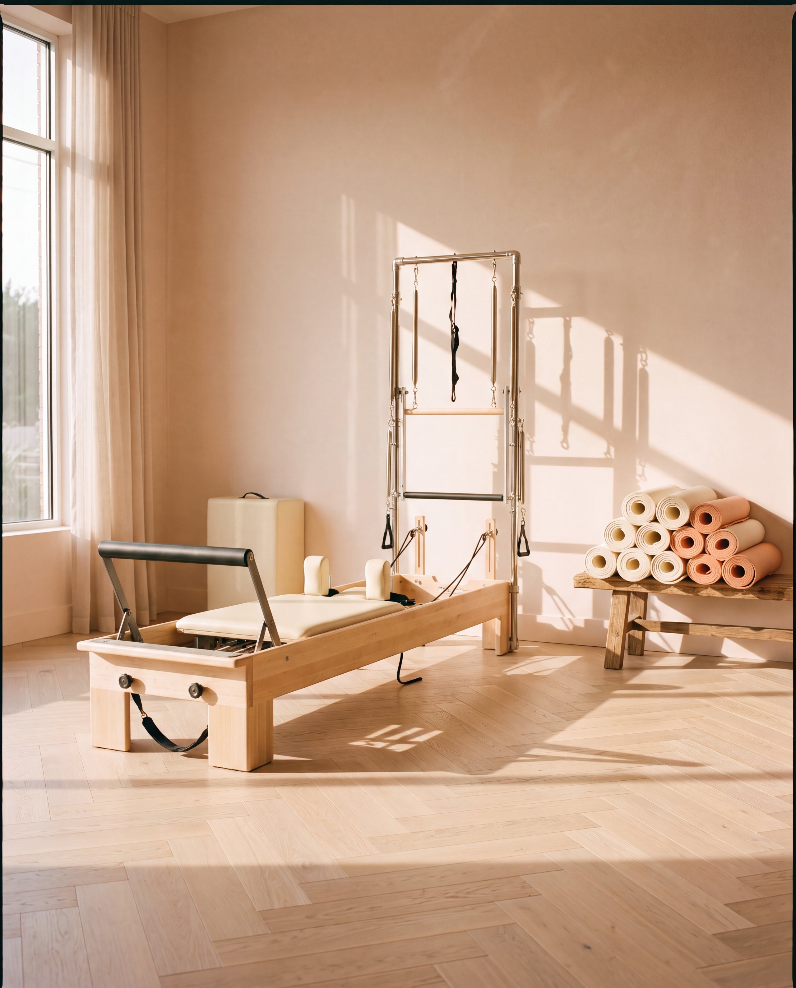 Aparato de pilates en una sala luminosa con luz de tarde (fotografía de ambiente dirigida)